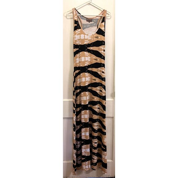 BEL KAZAN Tan Black White Stretch Smock Sleeveless Maxi Dress Women's Size Small - Picture 2 of 7